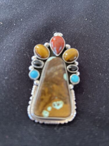 Navajo Sterling Silver Pendant | Turquoise #8, Onyx, Tigers Eye | Authentic Native American Handmade | 16835