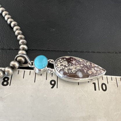 Navajo Wild Horse | Blue Kingman Turquoise Necklace | Sterling Silver | Authentic Native American Handmade | 17316