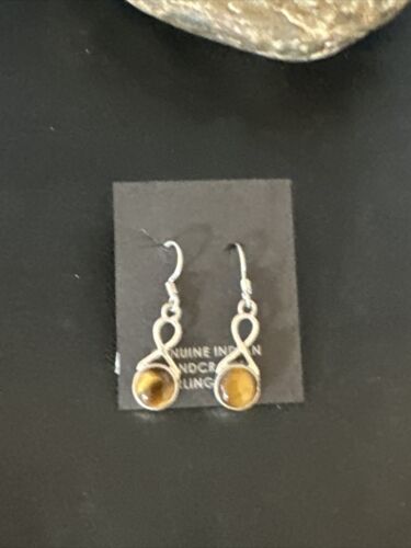 Navajo Coffee Tiger's Eye Dangle Earrings | Sterling Silver | Authentic Native American Handmade | 14921 - Masha USA