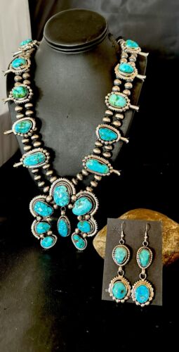 Navajo Ultra Rare Sonoran Mountain Blue Turquoise Squash Blossom Necklace Set | Sterling Silver | 17209