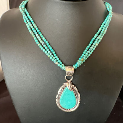 Navajo Blue Turquoise Pendant | Sterling Silver 3-Strand Bead Necklace | 17" | Authentic Native American Handmade | 15998