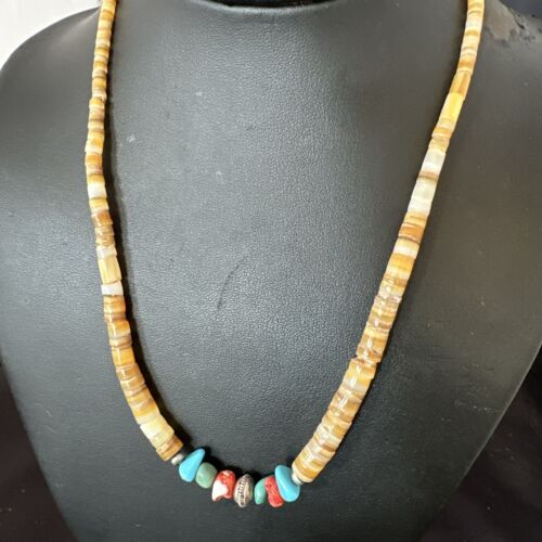 Authentic Native American Santo Domingo Shell Red Coral Blue Turquoise Onyx Necklace | 18" | 16946