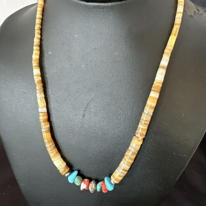 Authentic Native American Santo Domingo Shell Red Coral Blue Turquoise Onyx Necklace | 18" | 16946