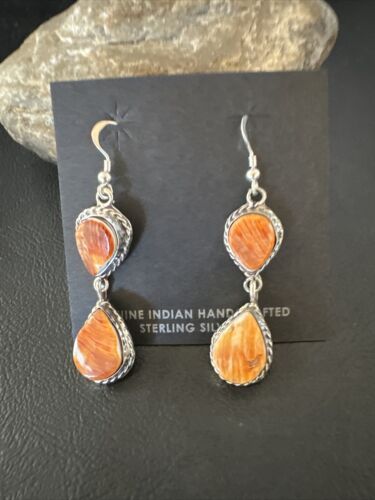Navajo Orange Spiny Oyster Dangle Earrings | Sterling Silver | 1.5" | Authentic Native American Handmade | 16573