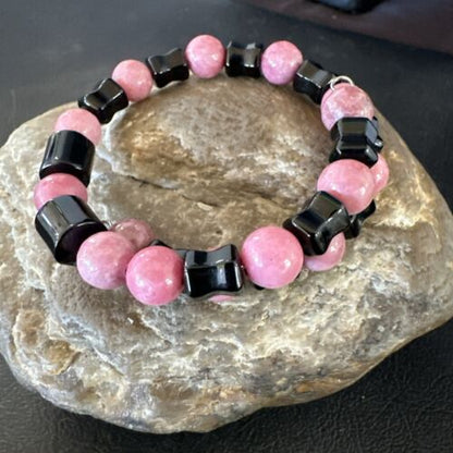 Navajo Pink Rhodochrosite Memory Wire Bracelet | Stainless Steel | Authentic Native American Handmade | 17624