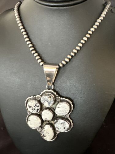 Navajo White Buffalo Turquoise Sterling Silver Pendant Necklace | Multi-Stone | 14898