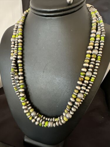 Navajo Pearls Green Turquoise Necklace | Sterling Silver | 3 Strand | 16403