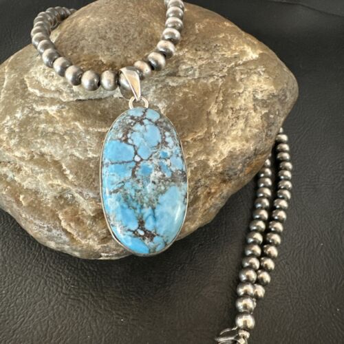 Navajo Blue Spiderweb Turquoise Pendant Necklace | Sterling Silver | Authentic Native American Handmade | 17026