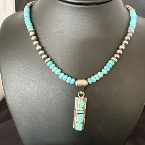 Turquoise #8 Inlay Pendant Necklace | Navajo Sterling Silver | Authentic Native American Handmade | 17057