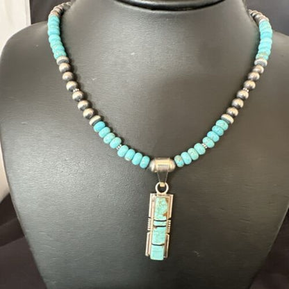 Turquoise #8 Inlay Pendant Necklace | Navajo Sterling Silver | Authentic Native American Handmade | 17057