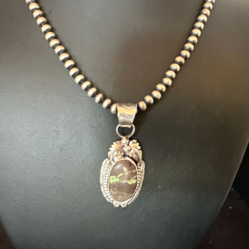 Navajo Green Boulder Turquoise Pendant Necklace | Sterling Silver | Men's Women's | 16136