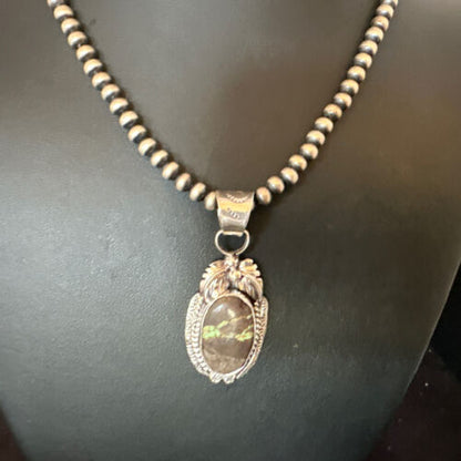 Navajo Green Boulder Turquoise Pendant Necklace | Sterling Silver | Men's Women's | 16136