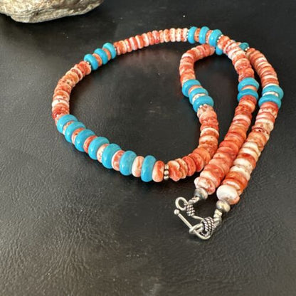 Women's Turquoise Spiny Oyster Necklace | Navajo Pearl Sterling Silver | Authentic Native American Handmade | 22" | 15057