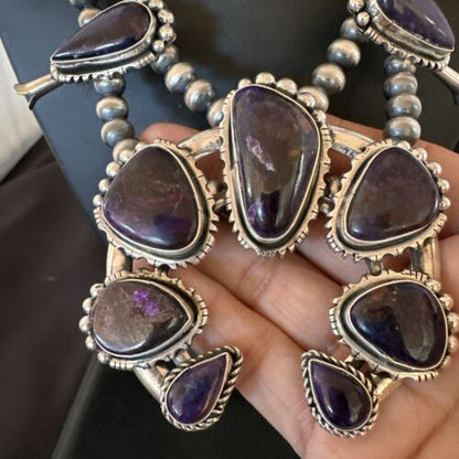 Navajo Squash Blossom Necklace with Purple Sugilite Pendant | Sterling Silver | 28" | 16940