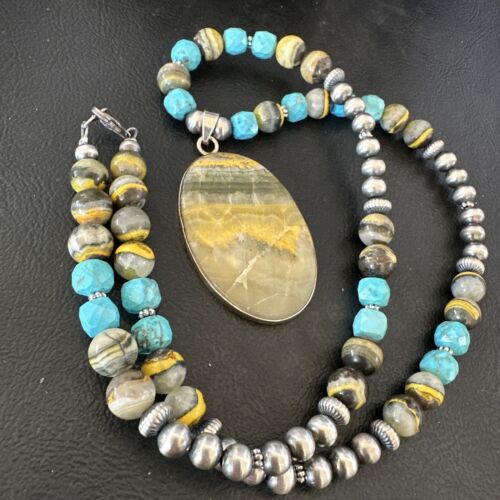 Men's BumbleBee Jasper Pendant Necklace | Navajo Pearls | Sterling Silver | Authentic Native American Handmade | 16878