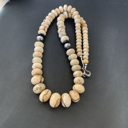 Native American Women's Graduated Picture Jasper & Onyx Necklace | Sterling Silver 26" | 1767