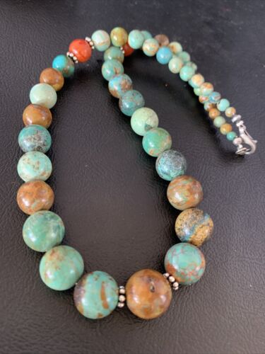 Navajo Green Turquoise & Apple Coral Graduated Necklace | Sterling Silver | Authentic Native American | 18" | 13204