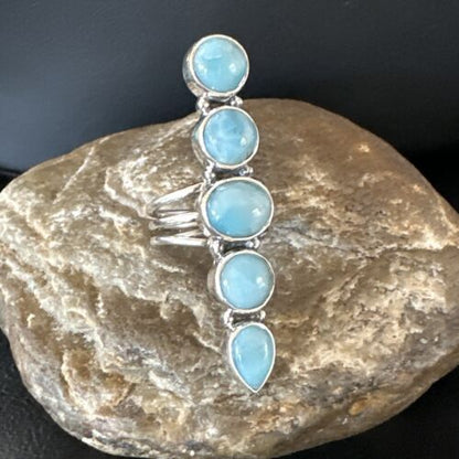 Navajo Blue Larimar Cluster Ring | Authentic Native American Sterling Silver | Multi-Stone | Sz 7.5 | 16152