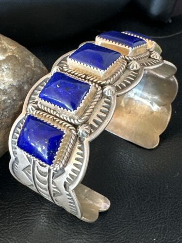 Navajo Blue Lapis 5 Stone Cuff Bracelet | Sterling Silver | XL Men's | Authentic Native American Handmade | 15861