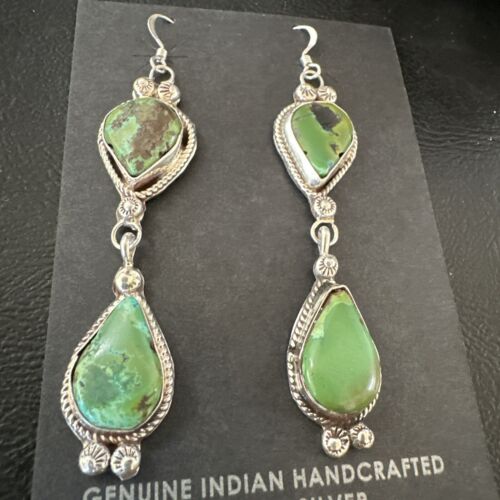 Navajo Green Royston Turquoise Dangle Earrings | Sterling Silver | Authentic Native American Handmade | 17139