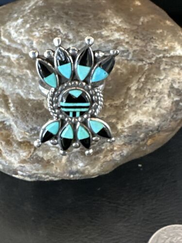 Zuni Blue Turquoise Black Onyx Sunface Inlay Ring | Sterling Silver | Sz 8 | 16432