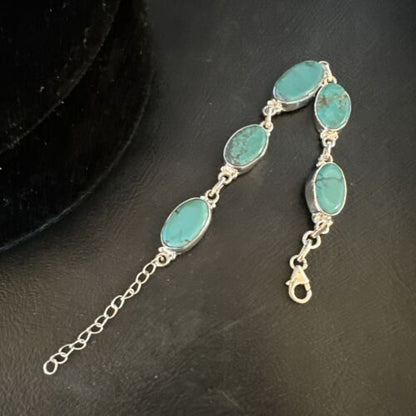 Navajo Blue Turquoise Link Bracelet | Sterling Silver | 8" | Authentic Native American Handmade | 15468