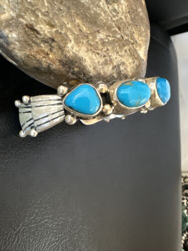 Navajo Blue Kingman Turquoise Cuff Bracelet | Sterling Silver | 5 Stone | Authentic Native American Handmade | 15988 - Masha USA