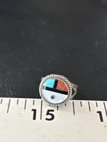 Zuni Pinky Coral Turquoise Onyx Mother of Pearl Inlay Ring | Sz 3 | Sterling Silver | 14918