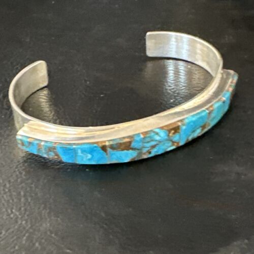 Navajo Men's Blue Mojave Turquoise Inlay Bracelet | Sterling Silver | Authentic Native American Handmade | 15064