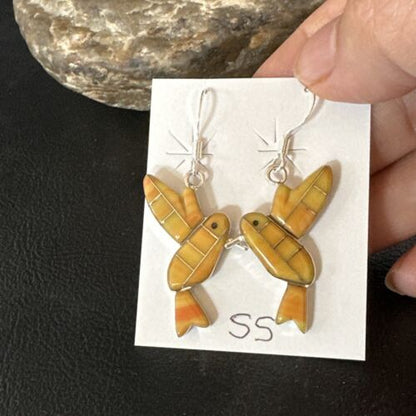 Navajo Orange Spiny Oyster Hummingbird Dangle Earrings | Sterling Silver | Authentic Native American Handmade | 15089