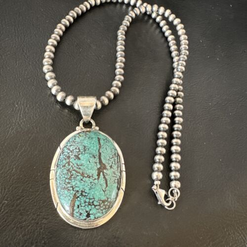 Men's Navajo Blue Spiderweb Turquoise Pendant Necklace | Sterling Silver | Authentic Native American Handmade | 16212