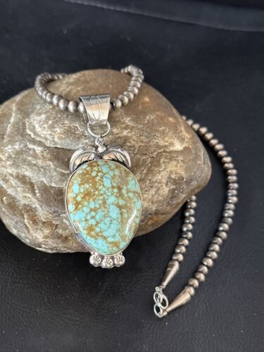 Navajo Pearls Sterling Silver Necklace Pendant | Blue Turquoise #8 | Authentic Native American Handmade | 14856