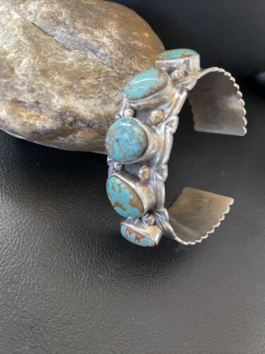 Navajo Blue #8 Turquoise Cuff Bracelet | Sterling Silver | 5 Stones | Authentic Native American Handmade | 01884