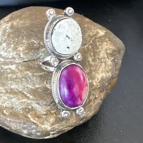 Navajo White Buffalo Turquoise Sugilite Ring | Authentic Native American Sterling Silver | Multi-Stone | Sz 7 | 16719 - Masha USA