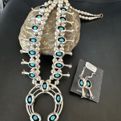 Navajo Kingman Turquoise Shadowbox Squash Blossom Necklace | Sterling Silver | Authentic Native American Handmade | 16089