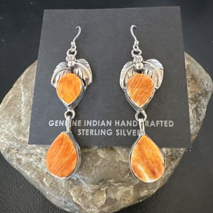 Navajo Orange Spiny Oyster Dangle Earrings | Sterling Silver | 1.5" | Authentic Native American Handmade | 16570