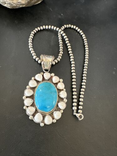 Navajo Blue Turquoise White Cluster Pendant Necklace | Sterling Silver | Multi-Stone | 17391
