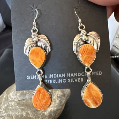 Navajo Orange Spiny Oyster Dangle Earrings | Sterling Silver | 1.5" | Authentic Native American Handmade | 16570