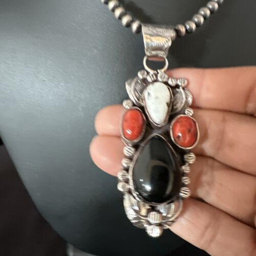 Navajo White Buffalo Coral Onyx Pearls Cluster Pendant | Sterling Silver | Native American Handmade | 15368