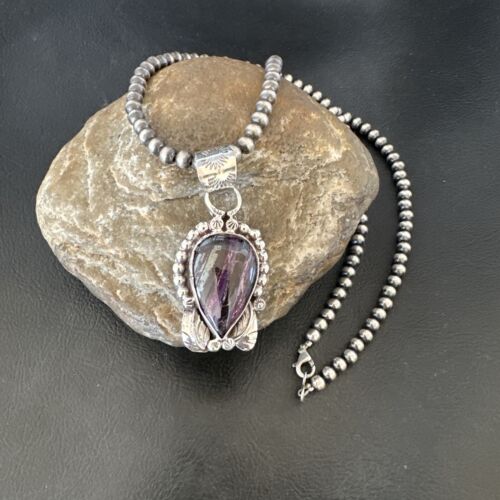 Navajo Pearls Purple Sugilite Pendant Necklace | Sterling Silver Beads | Authentic Native American Handmade | 16462