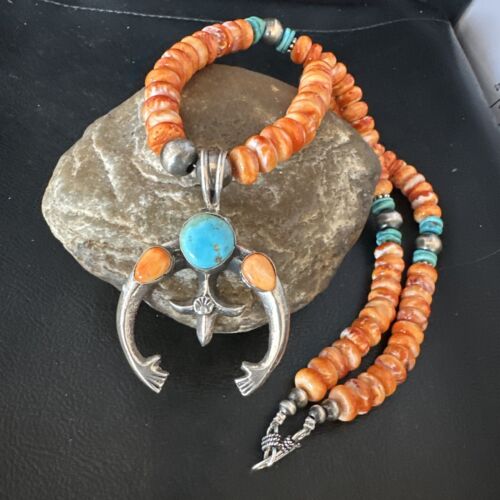 Navajo Blue Turquoise Spiny Naja Pendant Necklace | Sterling Silver | 23" | Authentic Native American Handmade | 14931