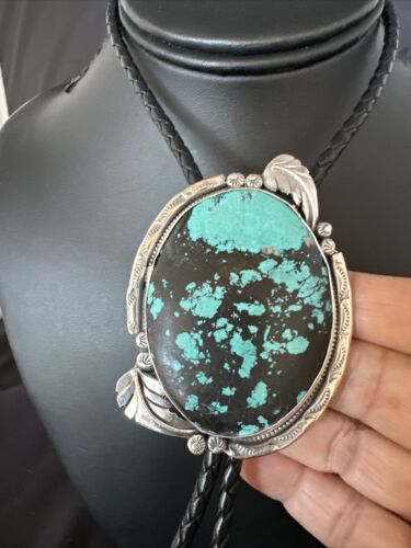 Men's Blue Spiderweb Turquoise Bolo Tie | Navajo Sterling Silver | Authentic Native American Handmade | 15009