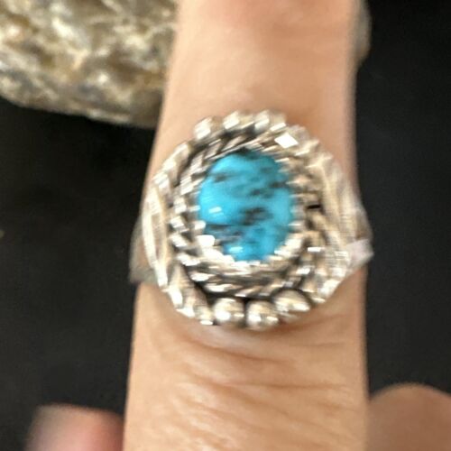 Navajo Blue Kingman Turquoise Pinkie Ring | Sterling Silver | Sz 8 | Authentic Native American Handmade | 15356