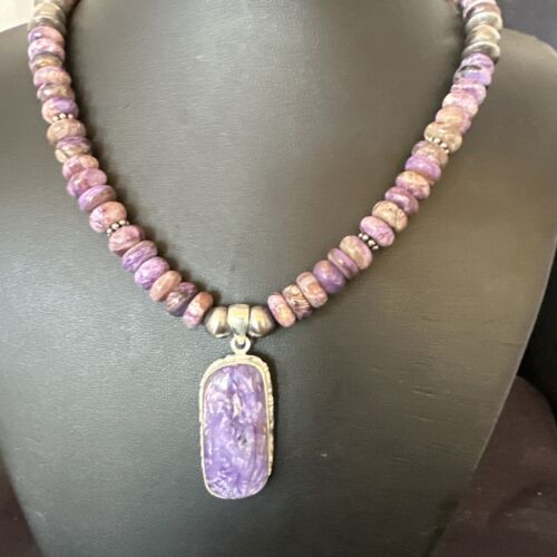 Navajo Purple Charoite Pendant with Pearls | Sterling Silver Necklace | Authentic Native American Handmade | 16338