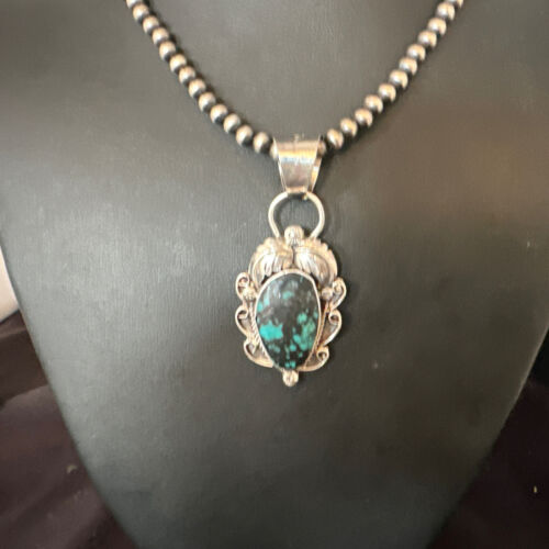 Navajo Blue Spiderweb Turquoise Pendant Necklace | Sterling Silver | Native American Handmade | 15096