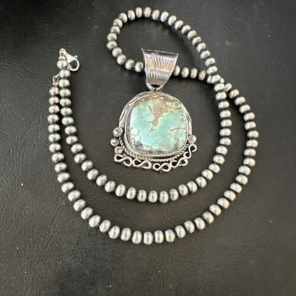 Women's Royston Turquoise Pendant Necklace | Navajo Pearls | Sterling Silver | Authentic Native American Handmade | 17065