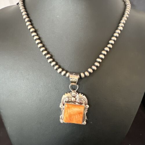 Navajo Orange Spiny Oyster Pendant Necklace | Sterling Silver | 20" | Authentic Native American Handmade | 16142