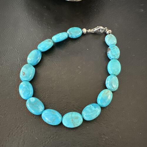 Women's Blue Turquoise Bead Bracelet | Southwestern Sterling Silver Link | 9" | 17229