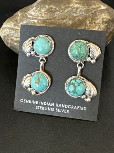Navajo Blue Green Turquoise Dangle Earrings | Sterling Silver | 1.5" | Authentic Native American Handmade | 17389