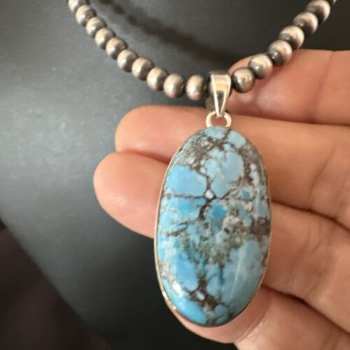 Navajo Blue Spiderweb Turquoise Pendant Necklace | Sterling Silver | Authentic Native American Handmade | 17026